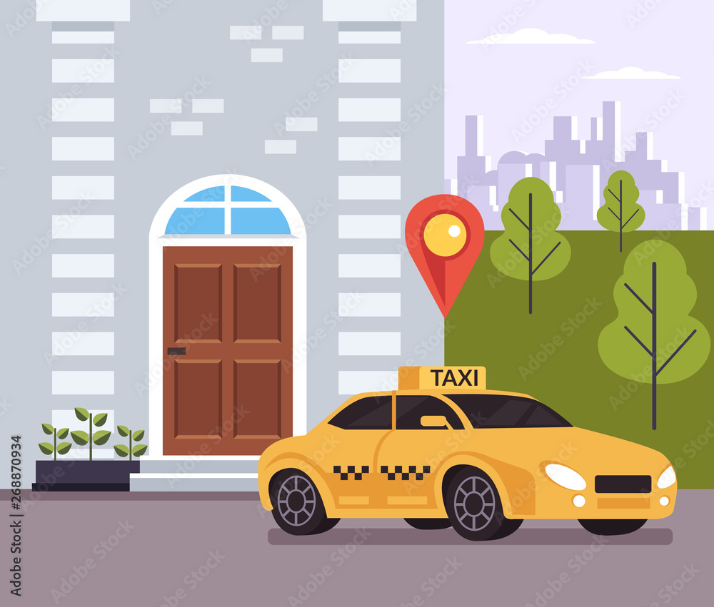 Yellow taxi car standing near door house and waiting client. Online taxi concept. Vector flat cartoon graphic design illustration