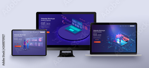 Mobile app infographic template with modern design weekly and annual statistics graphs. Application of laptop with business graph and analytics data on isometric laptop . Perfect for web design.