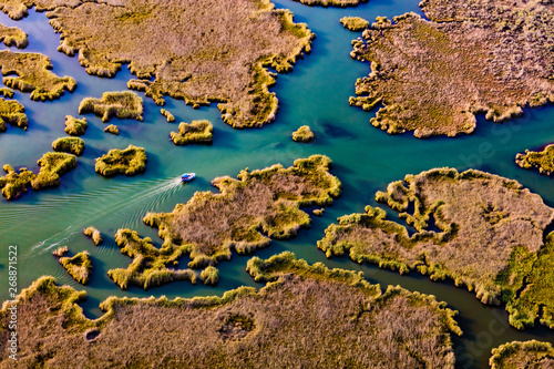 Fototapeta Naklejka Na Ścianę i Meble -  Boat in Dalyan, aerial, Koycegiz, Mugla, Turkey