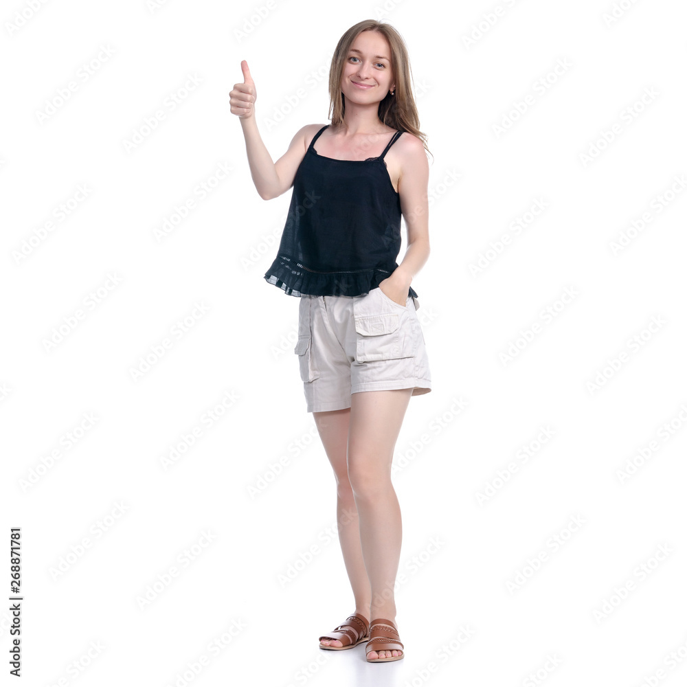 Woman in shorts positive emotions smiling good on white background isolation Woman in shorts positive emotions smiling good on white background isolation