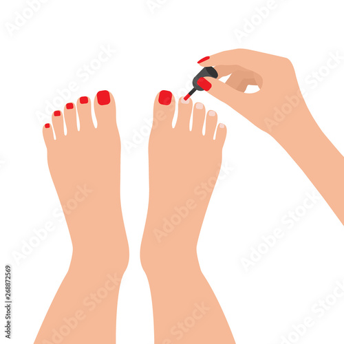 Covering red laque toenails. Foot care, pedicure. View from above, flat lay. Vector isolated illustration on white background.