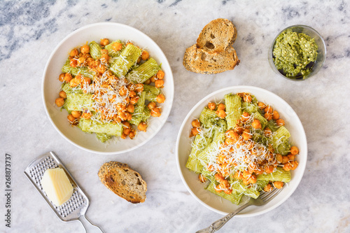 Simple rigatoni pasta with spicy chickpeas and  parmigiano cheese