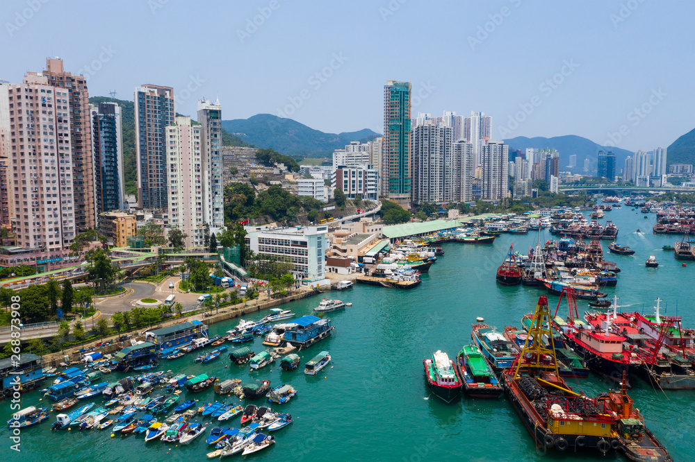  Drone fly over Hong Kong fishing harbor port