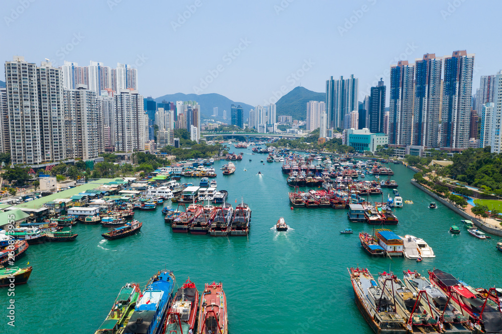 Drone fly over Hong Kong fishing harbor port
