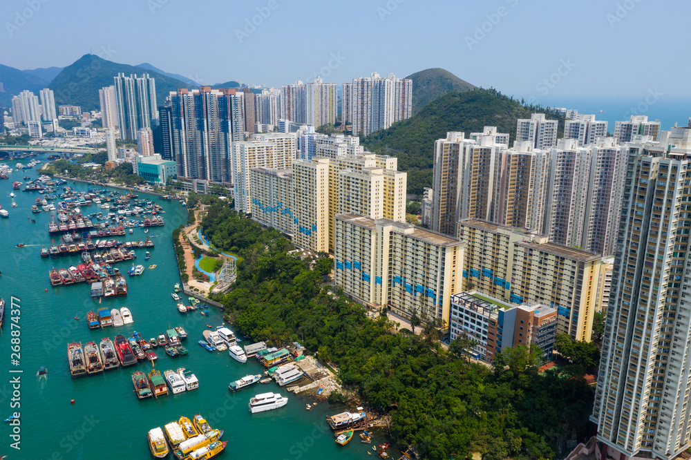  Drone fly over Hong Kong city with typhoon shelter