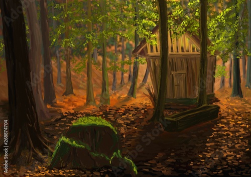 Digital painting the feeding rack in the forest.