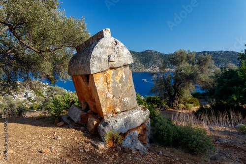 Lycian stone tomb in Kalekoy, Kekova, Antalya, Turkey