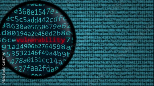 Magnifying glass discovers vulnerability word on computer screen