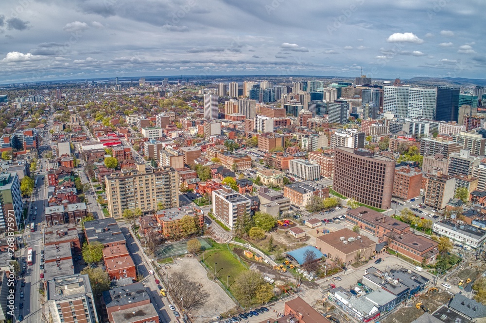 Aerial View of Downtown Ottawa looking north on a Day in Spring