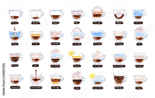 Watercolor illustration set of coffee recipes