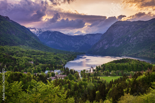 Aerial view of Bohinj lake in Julian Alps. Popular touristic destination in Slovenia.