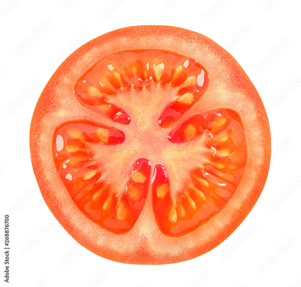 Red tomato cut across isolated on white background with clipping path. Red tomato cut across isolated on white background with clipping path.