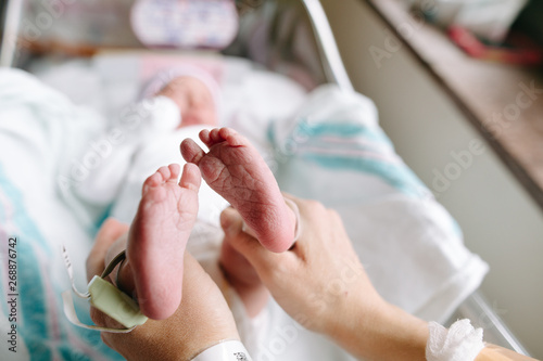 mom holds baby's feet in hands photo