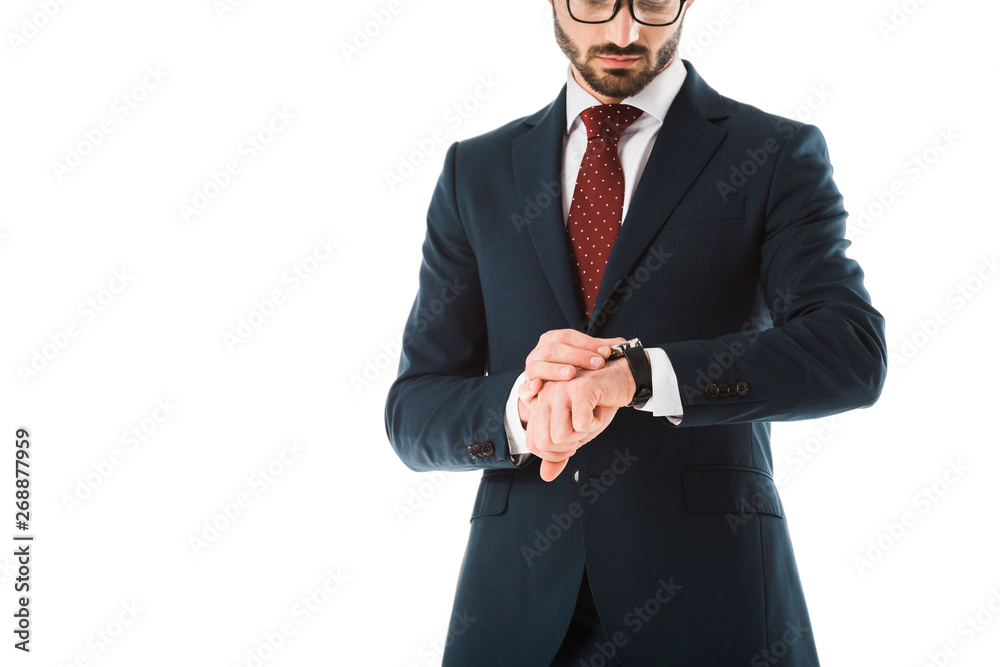 cropped view of businessman in black suit looking at watch isolated on white cropped view of businessman in black suit looking at watch isolated on white