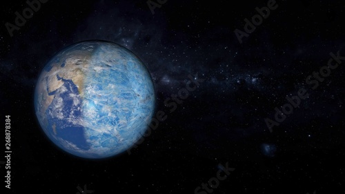 3D illustration of Earth from space. Global cooling covering Earth planet. Apocalypse concept.
