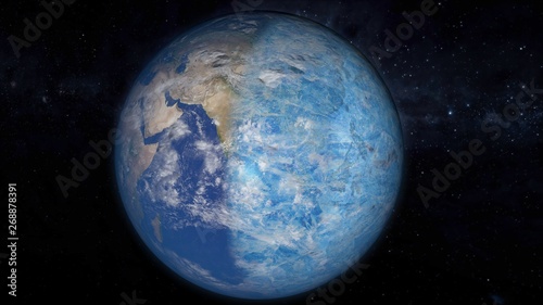 3D illustration of Earth from space. Global cooling covering Earth planet. Apocalypse concept.
