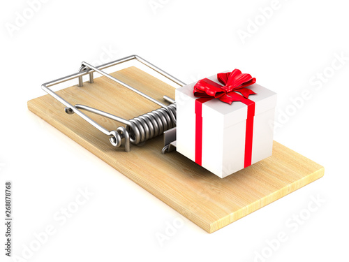 mousetrap and gift box on white background. Isolated 3D illustration