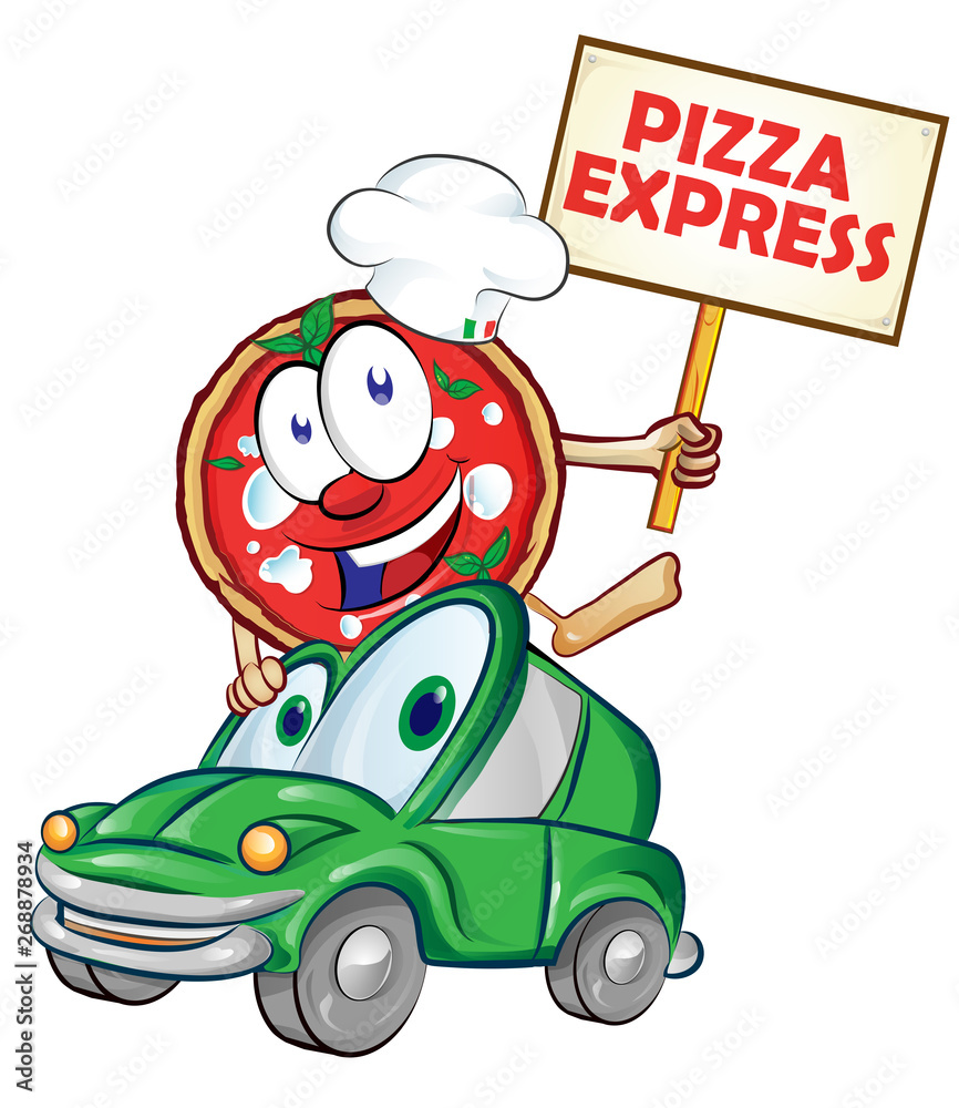 Pizza express delivery car cartoon with signboard Pizza express delivery car cartoon with signboard