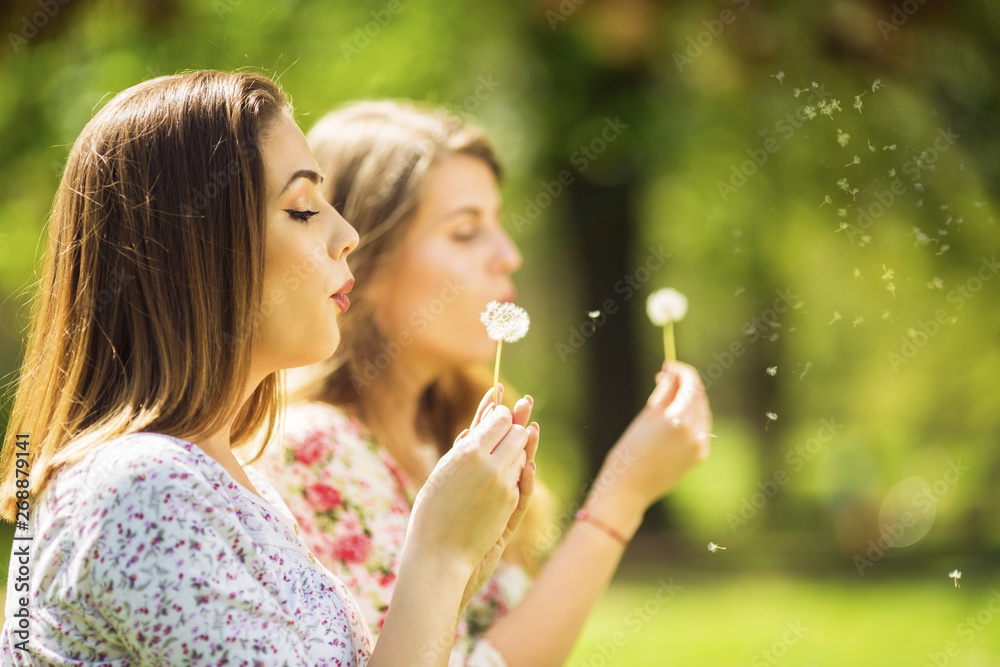 Two beautiful young women blowing dandelion