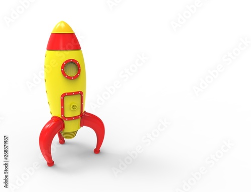 3D rendering of cartoon toy rocket ioslated on white background photo