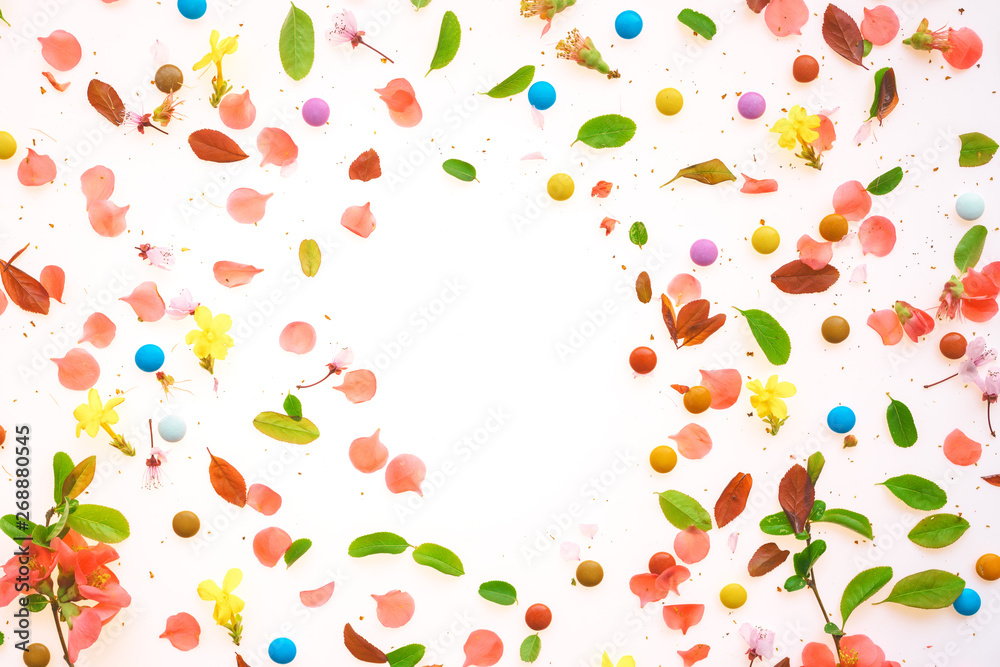 Colorful springtime background flat lay top view Colorful springtime background flat lay top view
