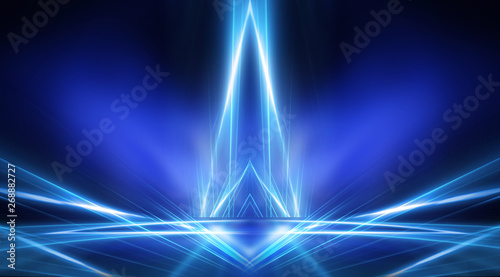 Empty stage, blue neon, abstract blue background. Rays of searchlights, light, abstract tunnel, corridor.