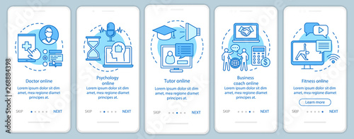 Online support onboarding mobile app page screen with linear concepts