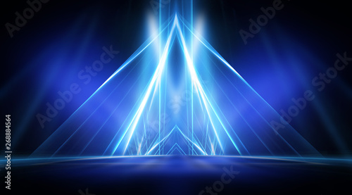 Empty stage, blue neon, abstract blue background. Rays of searchlights, light, abstract tunnel, corridor.