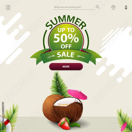 Summer sale, a template for your website in a minimalist light style with strawberry cocktail in coconut