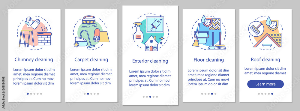 Additional cleaning services onboarding mobile app page screen, linear concepts