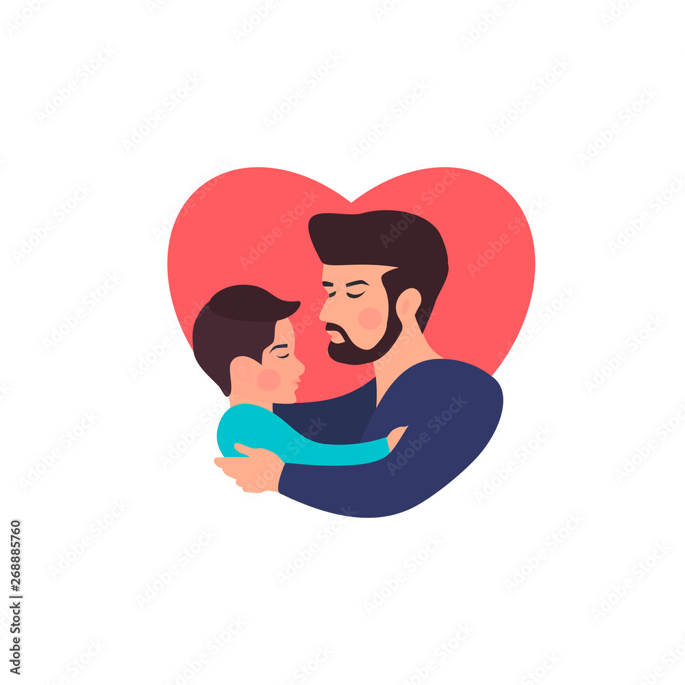 Father and son hugging. Father's day card about mother's love and care. Vector illustration for your dizaine, banner, card. Father and son hugging. Father's day card about mother's love and care. Vector illustration for your dizaine, banner, card.