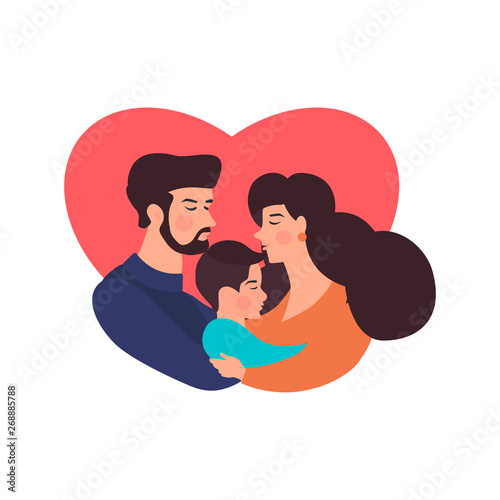 Father and mother and their son hugging. Happy Family day card. Vector illustration for your dizaine, banner, card.