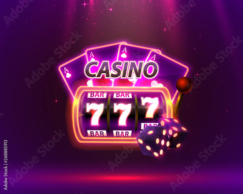 Casino Neon cover, slot machines and roulette with cards, Scene background art.