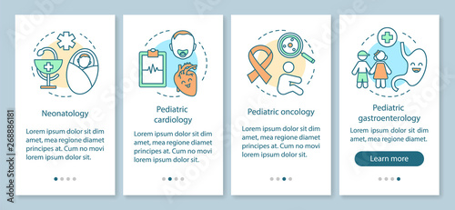 Pediatric services onboarding mobile app page screen with linear concepts