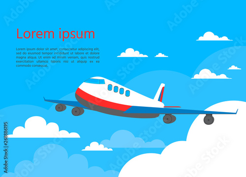 Airplane in sky. Travel concept. Vector illustration. Plane with clouds of the blu sky.