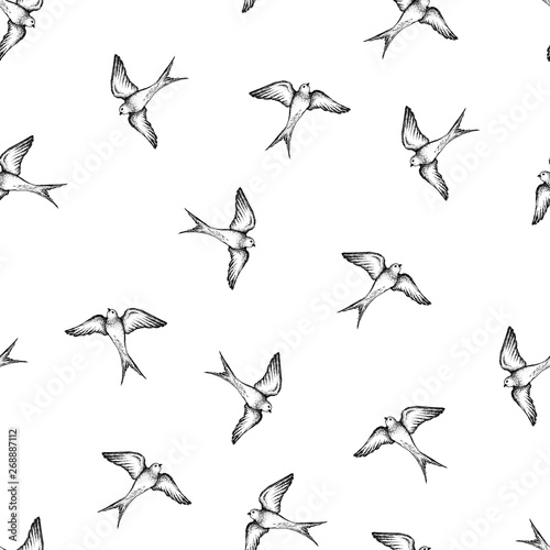 Beautiful seamless hand drawn swallow vector pattern