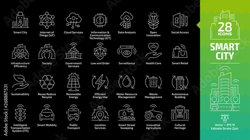 Smart city outline icon set on a black background with infrastructure, future digital urban technology, social access, society, government services, internet of things IOT editable stroke line sign.