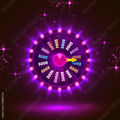 Neon colorful fortune wheel. purple background. Vector