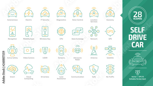 Self drive car outline icon set with driverless autonomous sensor smart vehicle and cloud computing automated connected transport and safety system color editable stroke mobility sign.