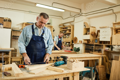 Portrait of mature carpenter working with wood standing at table in workshop, copy space