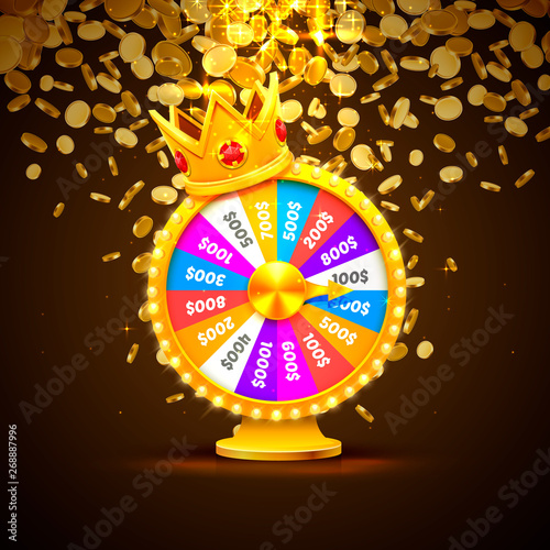 Colorful fortune wheel wins the jackpot. Piles of gold coins.