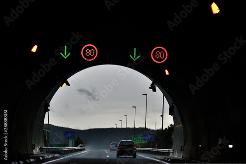 Basque country, Spain. freeway AP-1. from inside a tunnel. everyday scene from the eyes of a driver of a car. photo