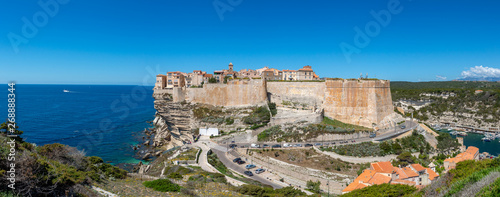 Panoramic view of Bonifacio historical city and wall in Corsica, France © Antoinee