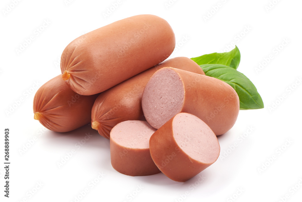 Fresh boiled sausages with basil, close-up, isolated on white background Fresh boiled sausages with basil, close-up, isolated on white background