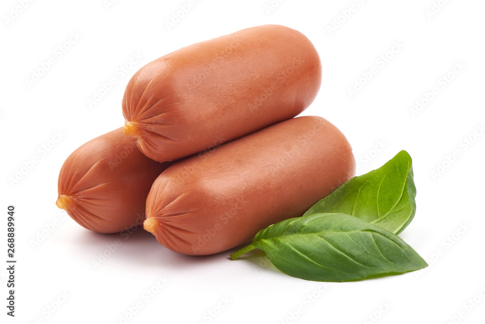 Fresh boiled sausages with basil, close-up, isolated on white background Fresh boiled sausages with basil, close-up, isolated on white background
