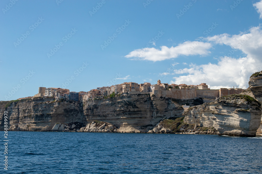 View of Bonifacio city with the cliff from the sea, Corsica, France