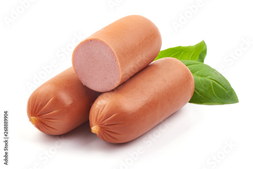Fresh pork Boiled sausages with basil, close-up, isolated on white background