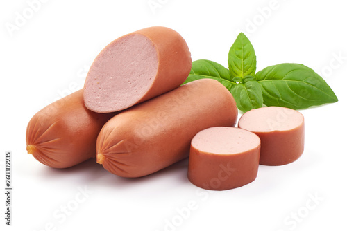 Fresh pork Boiled sausages with basil, close-up, isolated on white background