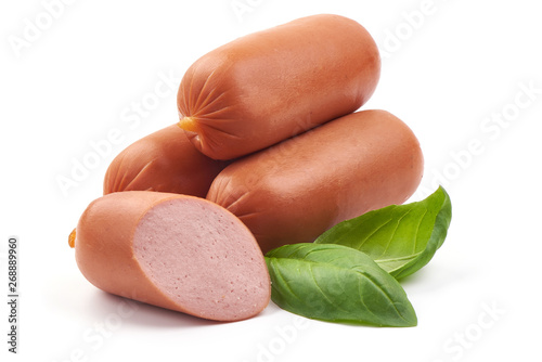 Fresh boiled sausages with basil, close-up, isolated on white background