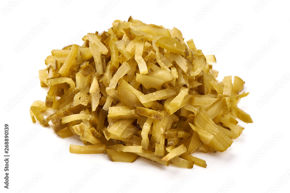 Sliced Marinated pickled cucumbers, close-up, isolated on white background